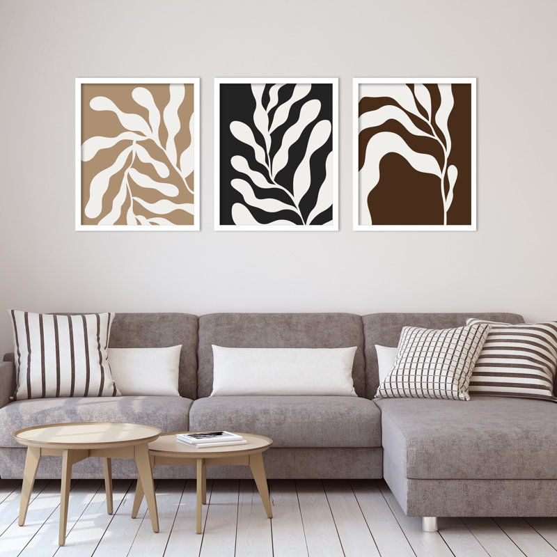 Retro Matisse Inspired Abstract Botanical - 3 Pieces by Erminia, 56" W x 21" H, White