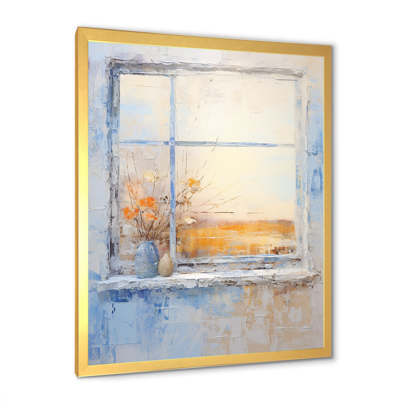 «Yellow Blooms Farm Windows Countryside I» - art mural fenêtres de ferme, Cadre doré simple, H 44 po x l 34 po x P 1,5 po