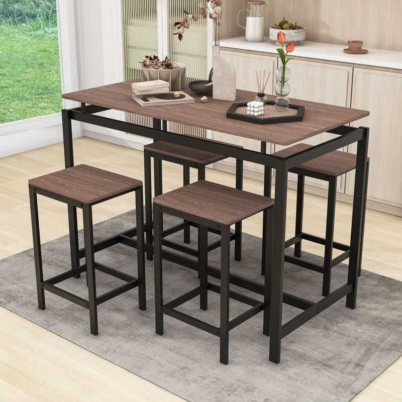 Galey Modern 5-Piece Dining Set, Dining Table with Steel Base and Nesting Stools, Dark Brown