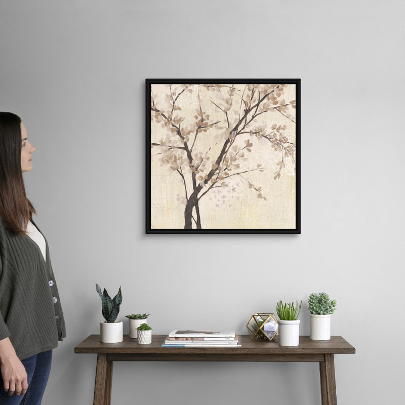 «Neutral Blossoms on Cream II», reproduction d'impression sur toile, Cadre flottant noir, H 25,7 po x l 25,7 po x P 1,75 po
