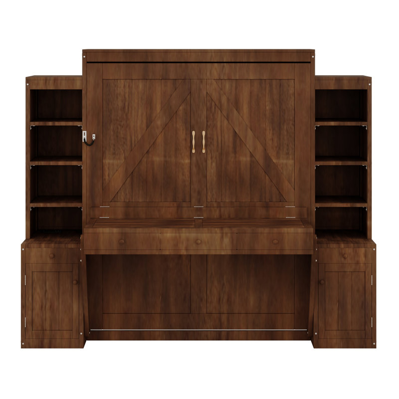 Lit escamotable en bois compact avec bureau, armoires de rangement et tiroirs, Marron foncé