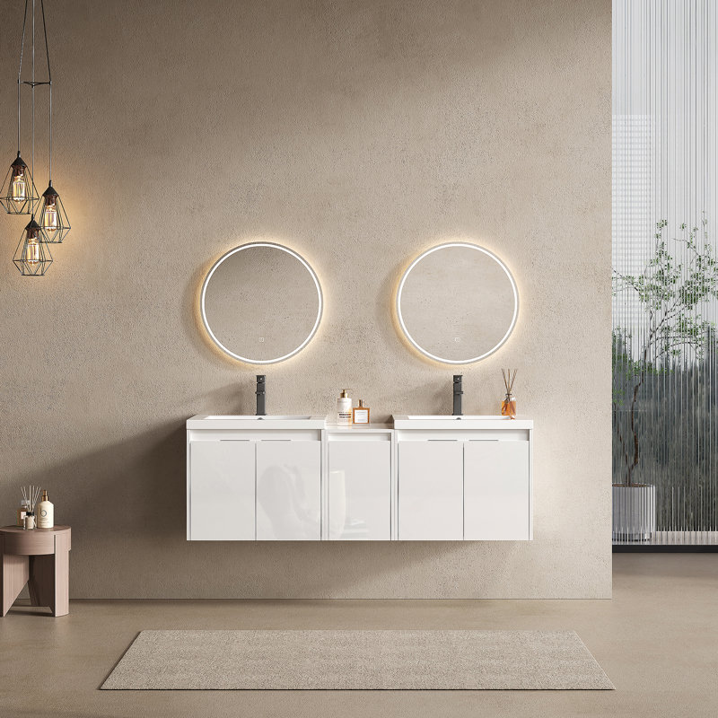 Meuble-lavabo 60 po avec lavabo en résine, portes à fermeture en douceur et armoire à 1 côté, montage flottant, blanc brillant, contreplaqué - 24 po x 2 + 12 po