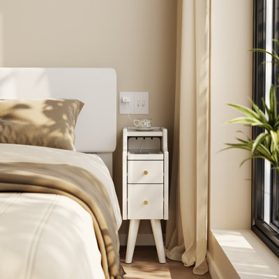 Narrow Solid Wood Nightstand with 2 Drawers
