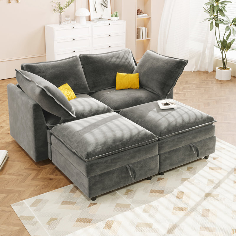 4 modulaires en chenille grise, rembourrage de siège confortable avec rangement et meubles de salon confortables, Gris
