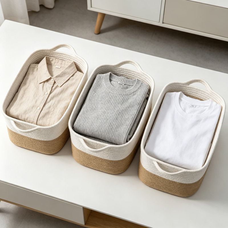 Ensemble de 3 paniers de rangement tissés en corde de coton, paniers pliables avec poignées, pour panier à linge et panier à linge