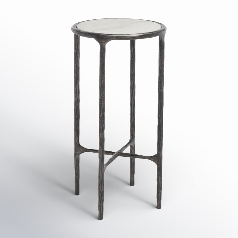 Jessa Forged Metal Tall Round End Table, White Marble Top/Black Base