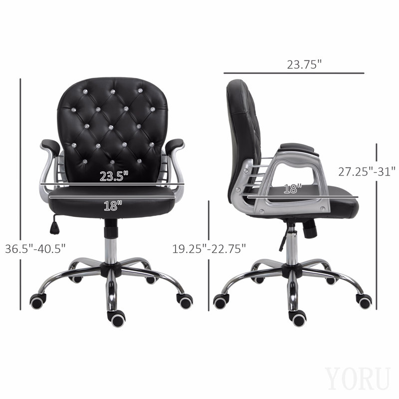 Chaise de bureau en cuir Pu, chaise de bureau capitonnée à boutons avec accoudoirs rembourrés, hauteur réglable et roulettes pivotantes, noir