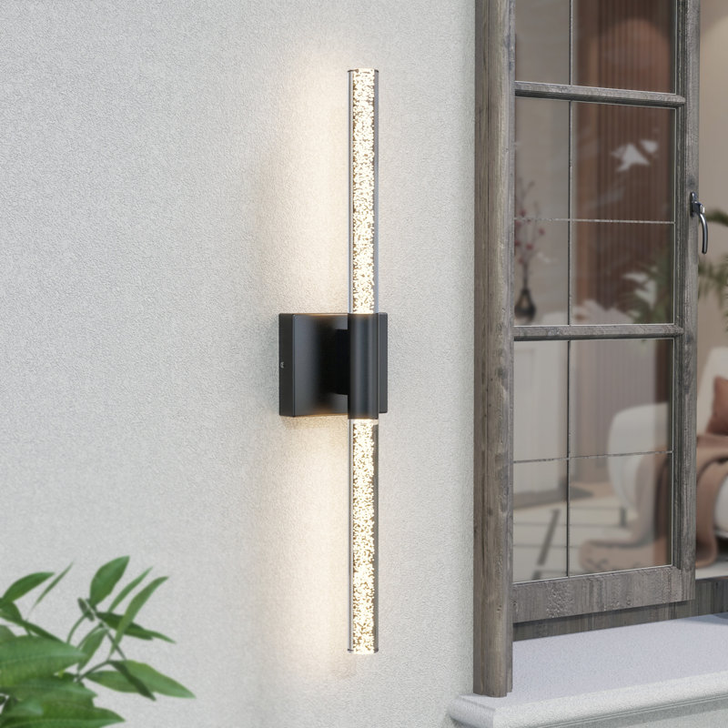 24''H Dimmable LED Black Iron Outdoor Sconce with Seeded Glass, Matte Black