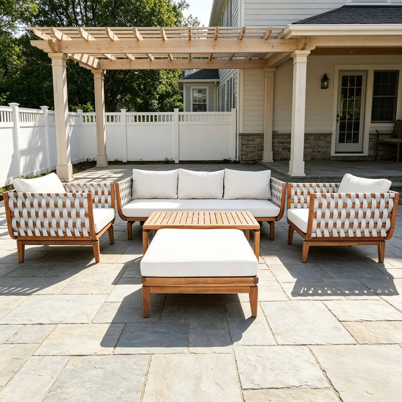 Ensemble de mobilier d'extérieur 5 pièces, ensemble de conversation en bois d'acacia avec structure en corde tissée à la main, coussins en tissu hydrofuge