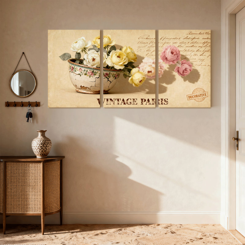 Ensemble de 3 reproductions d'art sur toile Rose Vintage Paris Floral, H 18 po x l 36 po