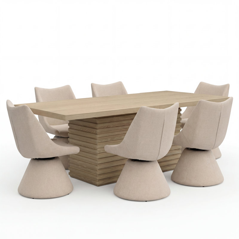 Aurelio 7-Piece Dining Table Set With 180° Swivel Chairs & Wooden Top, Beige