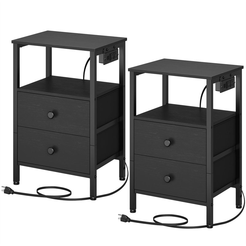 Azaliah 2 - Drawer End Table Set and Built-In Outlets, Black