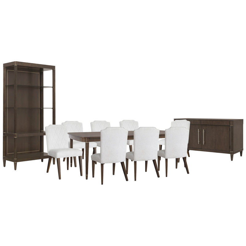 Leg Dining Table With 8 Upholstered Side Chairs Server And Etagere, 11 Pcs: Table, 8 Chairs, Server, Etagere
