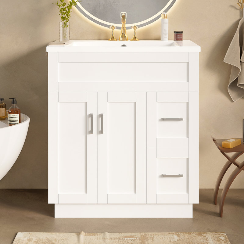 Meuble-lavabo simple de 30 po de style shaker, lavabo en résine, charnières à fermeture en douceur, traditionnel, salle de bain