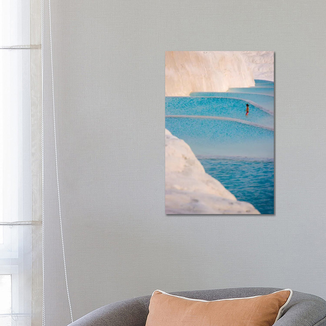 Young Girl On Travertine Terraces Of Pamukkale, Turkey by Keren Su - Wrapped Canvas Print