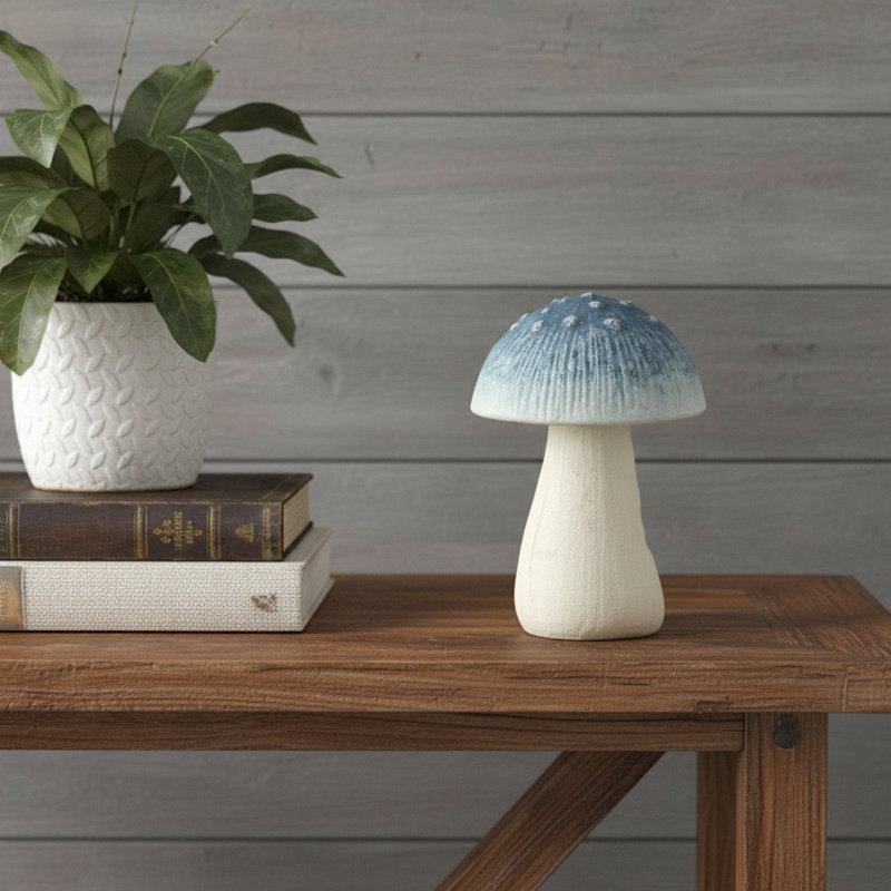 Sculpture de table 6 po champignon en fonte bleu et blanc cassé
