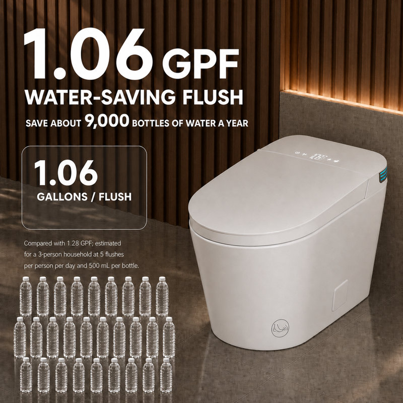 Toilette intelligente Breezebath ADA avec réservoir intégré, chasse automatique à pompe 1,06 GPF, couvercle à ouverture / fermeture automatique, siège chauffant, bidet à eau chaude, séchoir à air et télécommande