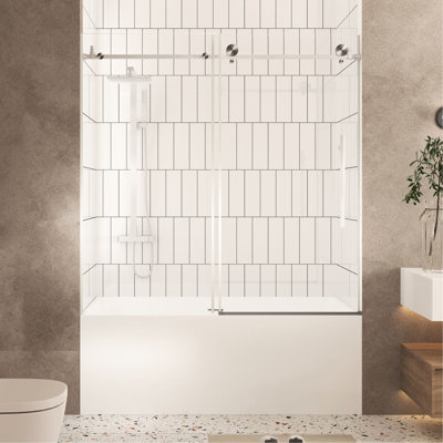 Shower Door 56 - 60" W X H, 1/4" Clear Tempered Glass, Proof Enclosure, Stainless Steel Soft Touch Handle, Brushed Nickel Facet Water Blocking Edge For Dry Zone Mantle, Gentle Grip Exterior Ridge Area
