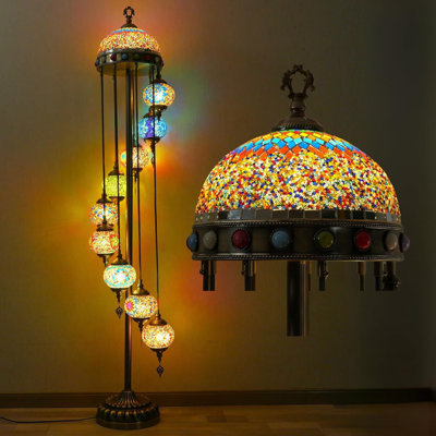 Lampe sur pied 9 globes Moroccan avec abat-jour amélioré, lampe sur pied en mosaïque turque 77 po, mélange de couleurs, 10 ampoules DEL E26 incluses pour un décor luxueux
