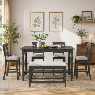 6-Piece Counter Height Dining Table Set Table with Shelf 4 Chairs and Bench for Dining Room