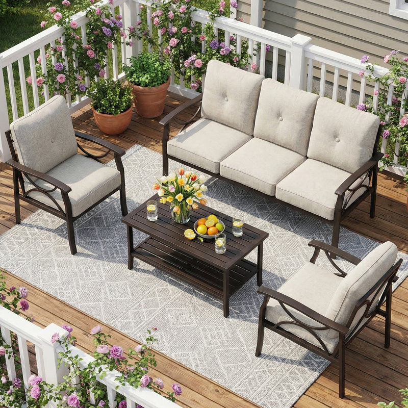 Ensemble de conversation pour patio 5 personnes avec coussins Brandtley, Cadre café / coussin kaki
