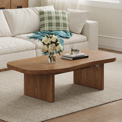 47" Mid Century Brown Wood Coffee Table with Free Form Table top, Double Wood Legs for Living Room