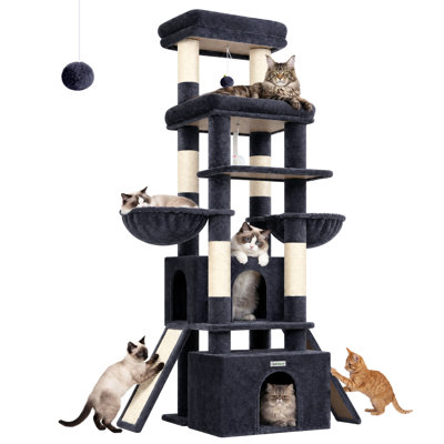 74" Tall Cat Tree for Large Cats, Multi-Level Cat Tower with Scratching Posts, 2 Condos, Double Hammocks & Perches, Sturdy Cat Furniture for 2-3 Cats, Dark Grey
