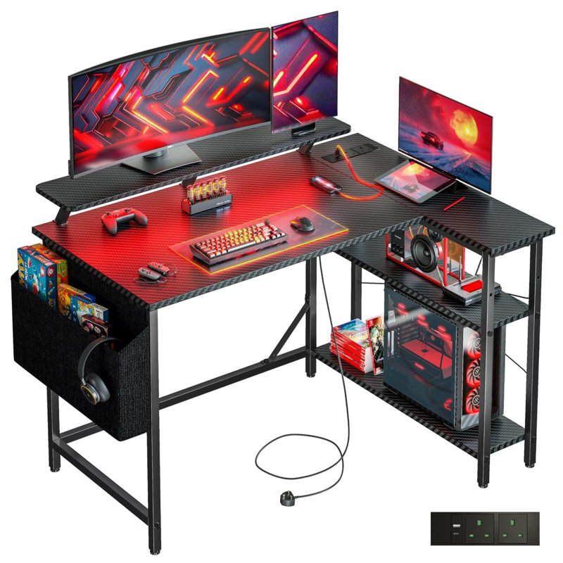 L-Shaped Metal Base Computer Desk with Power Outlet