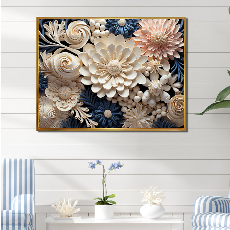 Collage de fleurs de corail blanc et bleu sur toile, Cadre flottant doré, H 12 po x l 20 po x P 1 po