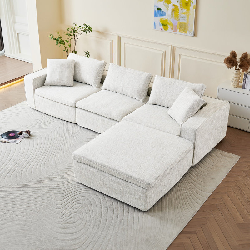 Canapé modulaire moderne de 131 po avec repose-pieds mobile et lin lavable amovible, White