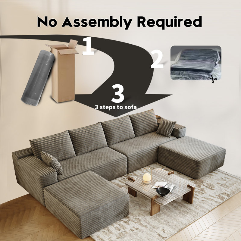 139.4" Modular Sectional Sofa, U-Shaped Minimalist Couches with 2 Ottomans Chaise, Modern Deep Seat Convertible Sleeper Sofa Bed,Cloud Plush Corduroy Fabric, No Assembly Required, 6 Seater