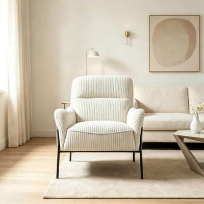 Chaise d'appoint moderne en tissu rayé, fauteuil rembourré simple avec structure en métal noir, chaise longue rembourrée confortable, chaise d'appoint de lecture pour le bureau de la chambre à coucher, fauteuil de loisirs texturé gris crème