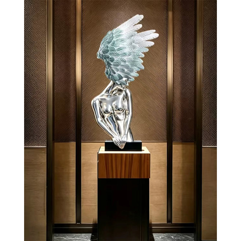 Zen-Style Fiberglass Angel Sculpture Decoration Item, Silver/Teal