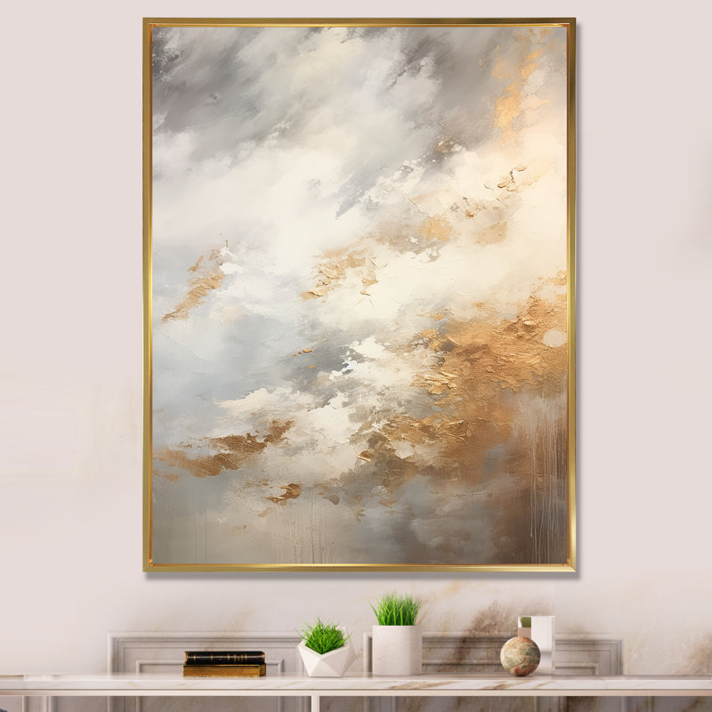 Tempêtes de minimalisme beige et or II, Cadre flottant doré, H 44 po x l 34 po x P 1,5 po