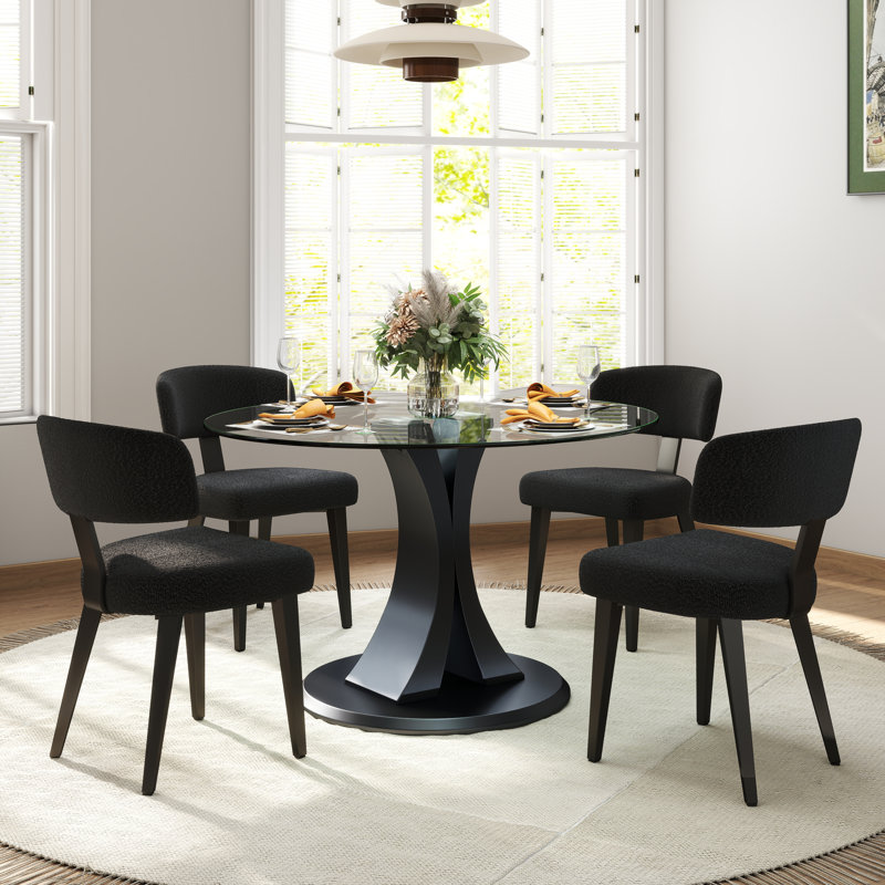 Round Pedestal Glass Dining Table Set, 29.50" H x 38.98" W x 38.98" D, Black, 5 Pieces: Table, 4 Chairs