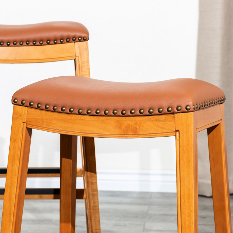 Tabouret de bar 30 po naturel avec siège en cuir de selle élégant - Construction et détente, Brun, Naturel