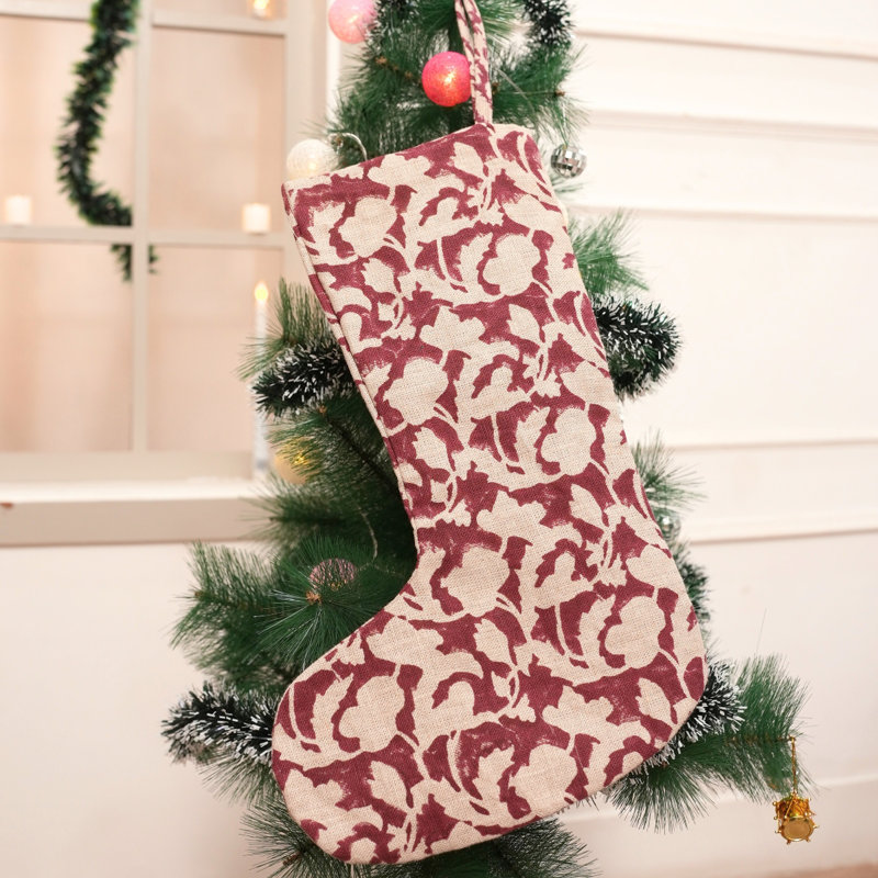  Chaussette de Noël en lin faite à la main à imprimé bloc de Noël, H 16 po x l 6,5 po