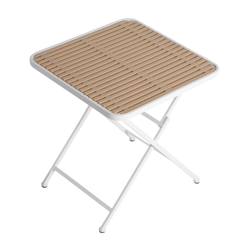 4 fauteuils empilables bleu-gris en polypropylène et une table carrée multifonctionnelle intérieure/extérieure, dossier ergonomique à lattes, plateau et pieds en métal blanc kaki, résistants aux intempéries, sans entretien.