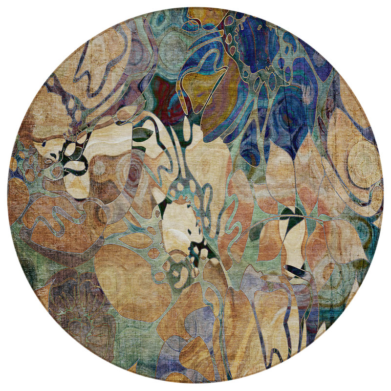 Tapis intérieur / extérieur beige en polyester tissé à la machine Altair, Rond 8 pi