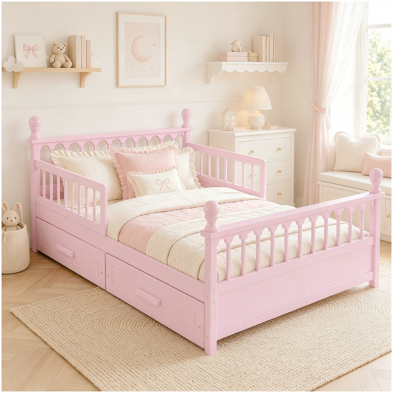 Structure de lit pour enfant pleine grandeur avec 2 tiroirs de rangement sous le lit, lit plateforme en bois avec garde-corps de sécurité, conception à profil bas, système de support à lattes robuste, aucun sommier nécessaire, rose
