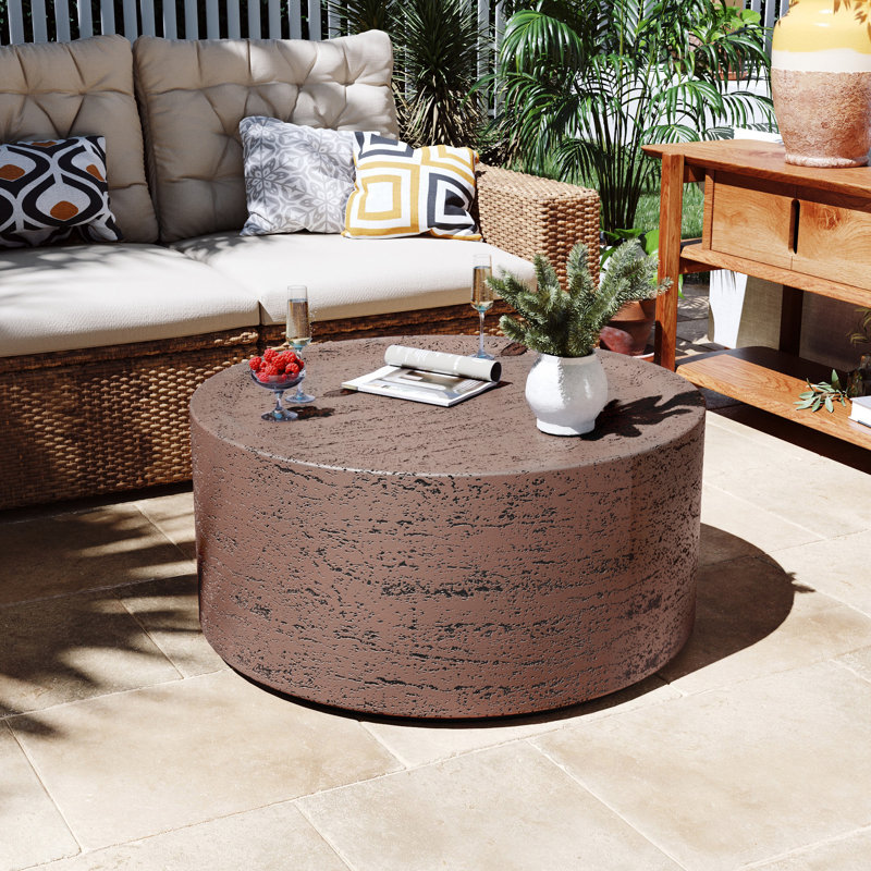 Table basse de patio en oxyde de magnésium 28 po, imperméable, pour le salon, d'extérieur, ronde, rouge rouille