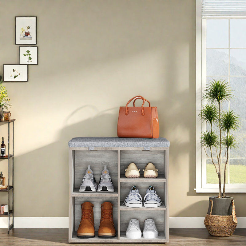 Banc d'entrée pour chaussures avec rangement et siège rembourré, Gris