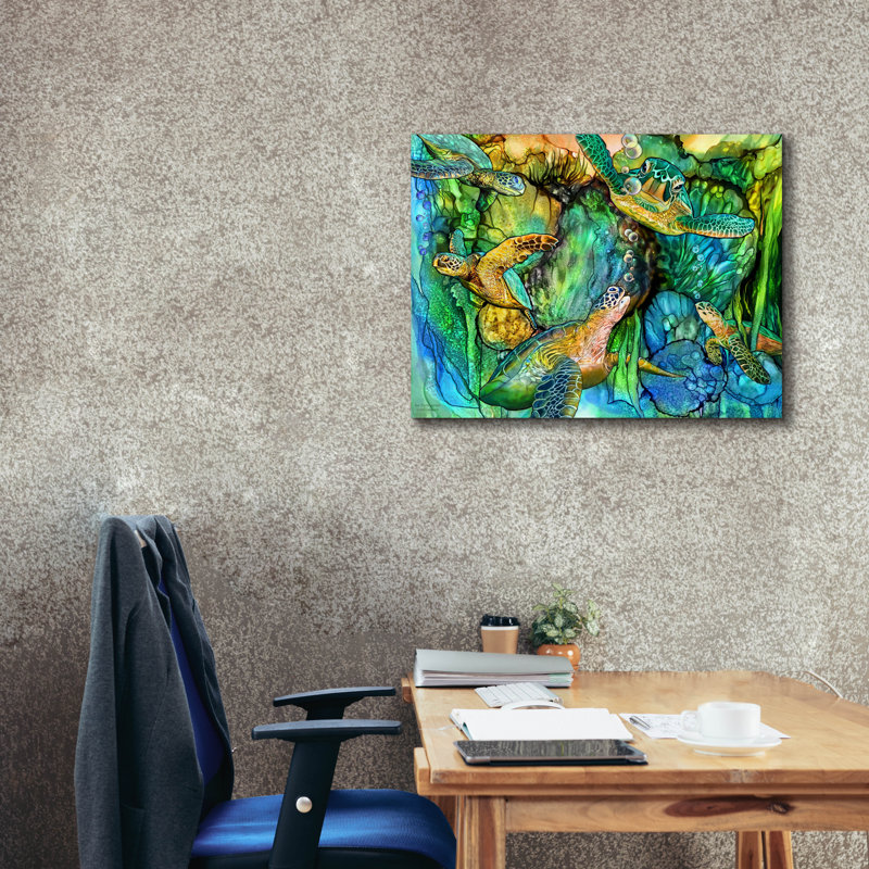 Toile épique Graffiti «Sea Turtle Garden» par Carol Cavalaris, 34 po x 26 po