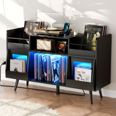 Support pour tourne-disque XL avec portes coulissantes, armoire de rangement pour disques vinyles 500+ avec station de charge et ports USB, table de tourne-disque moderne de style Mid-Century, support de table tournante avec pieds en bois pour le salon