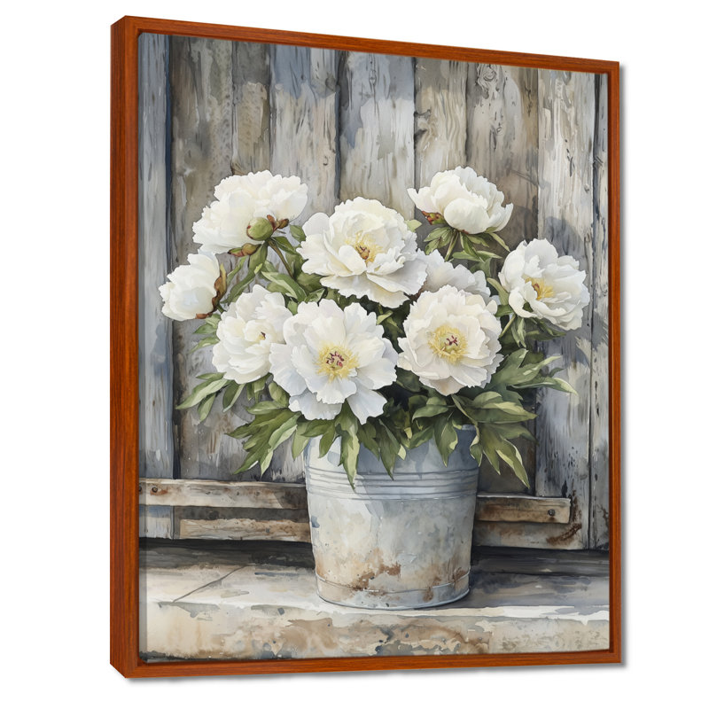 Art sur toile, pivoines en pot Barnyard Bloom, H 32 po x l 24 po, Impression sur cadre flottant, Brun