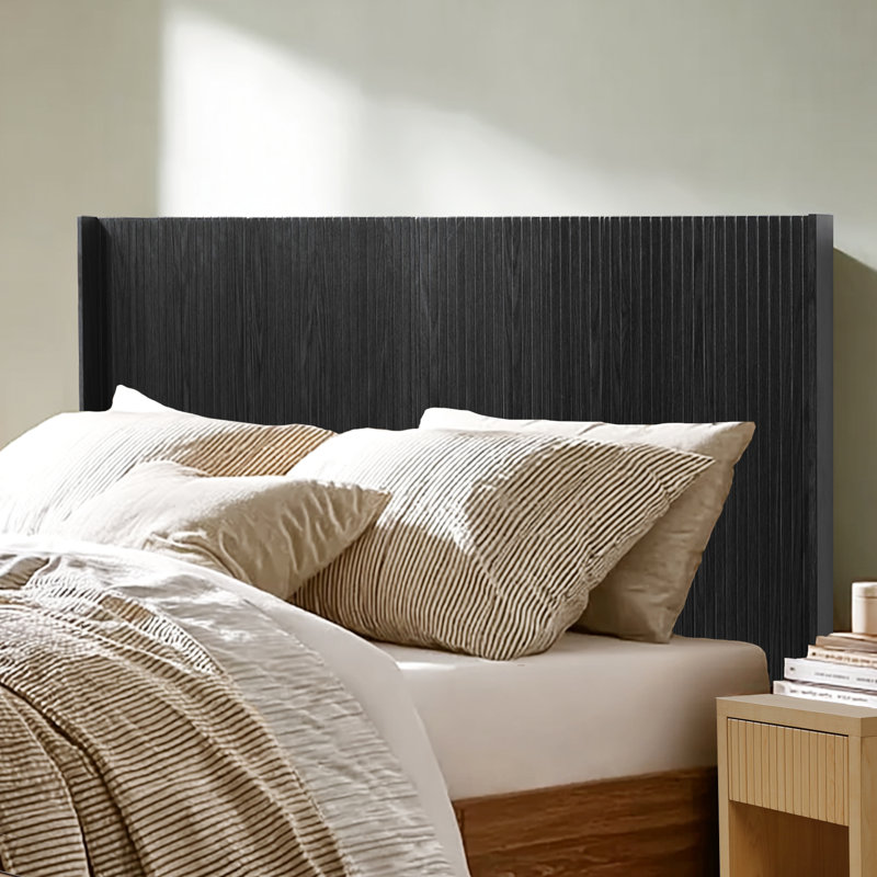 Queen Size 64.4" Wide Black Oak Wood Headboard, Modern Wall Mounted Fluted Wingback Design Thought, Elegant Real Constitution, Contemporary 3d Configured Look, And Easy To Assemble Quickly Bed's