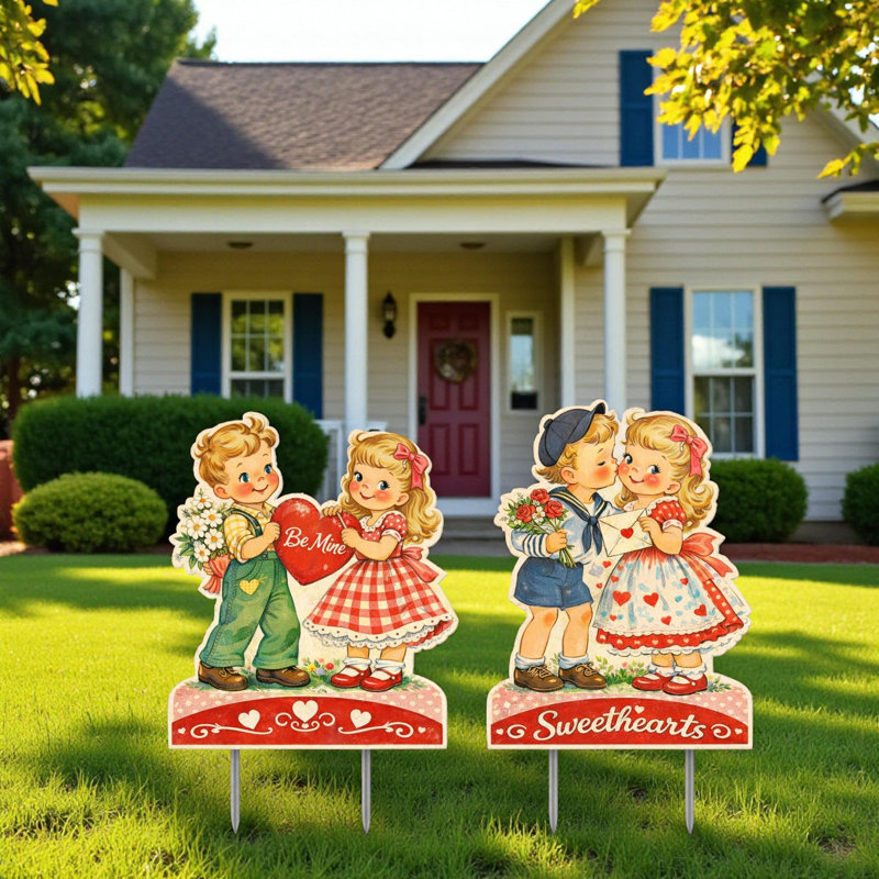 Ensemble de panneaux de jardin haut de gamme pour la Saint-Valentin – Motif de cœurs vintage – Décoration extérieure de 30 cm avec piquets, style années 50
