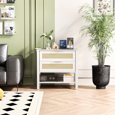 Table de chevet étroite en rotin avec 2 tiroirs et tablette de rangement Boho