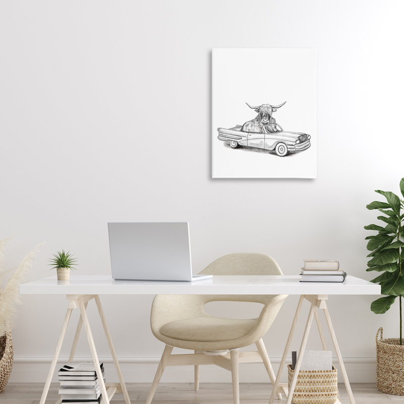 Taureau dans une toile de véhicule rétro, design par Rachel Nieman, H 20 po x l 16 po