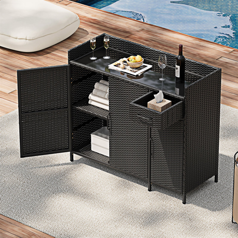 Table de bar avec plateau en verre trempé résistant aux intempéries, Brun-noir